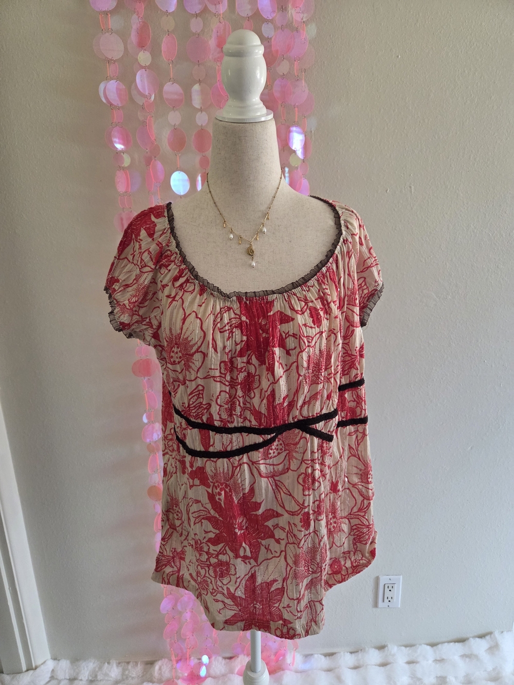 Moa Moa Cream Top with Red Floral Print and Brown Trim